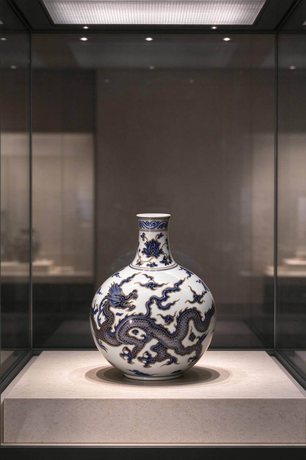 大明宣德青花描金云龙纹扁瓶